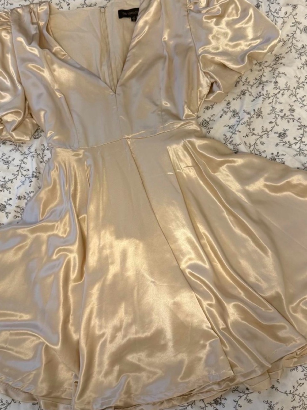 The Vintage Shop Champagne Satin Puff Sleeve Mini Dress